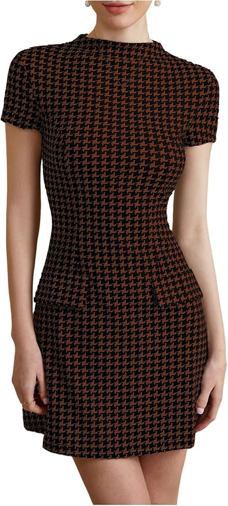 Women's Houndstooth Mock Neck Dress Short Sleeve Flared A Line Work Office Dresses | Amazon (US)