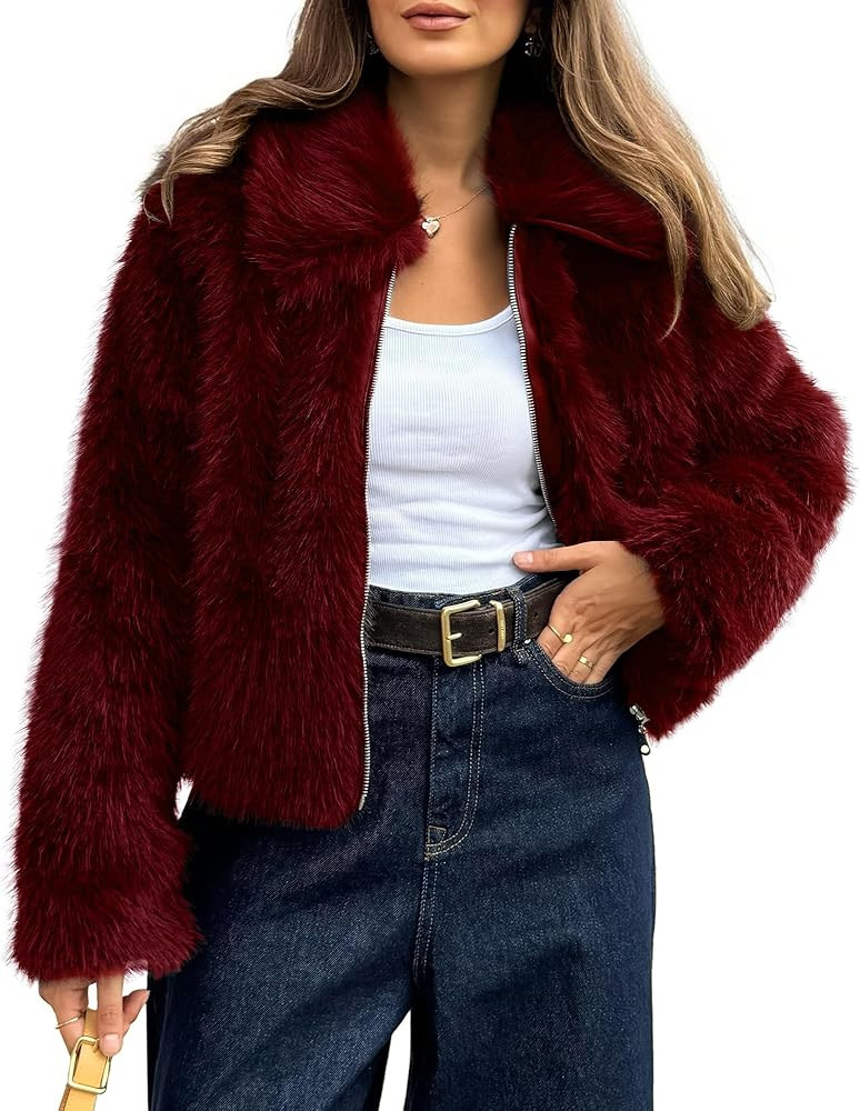 BTFBM Faux Fur Jacket Women Fluffy Winter Cropped Coats Zip Up Fuzzy Jackets Long Sleeve Furry Co... | Amazon (US)
