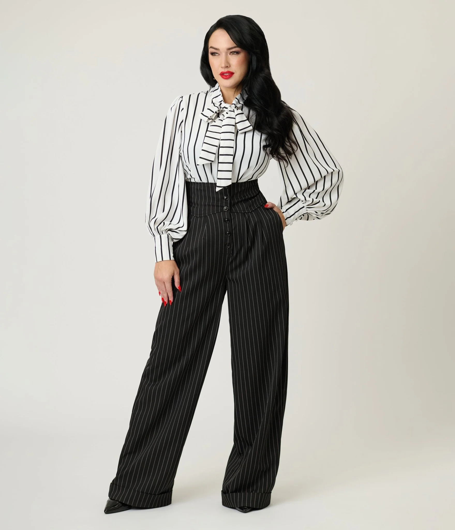Unique Vintage Black Pinstripe High Waist Trousers | UniqueVintage