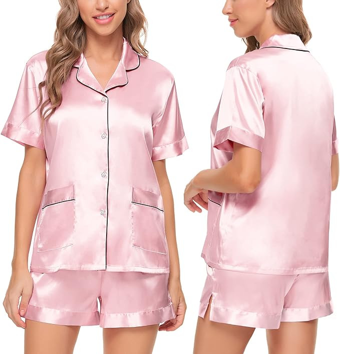 SWOMOG Womens Silk Satin Pajamas Set Two-piece Pj Sets Sleepwear Loungewear Button-Down Pj Sets | Amazon (US)