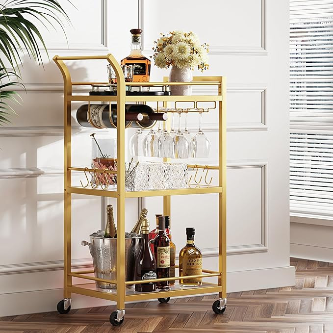 TUTOTAK Bar Cart, Home Bar Serving Cart with 3-Tier Mirrored Shelf, Wine Cart, Mobile Kitchen She... | Amazon (US)