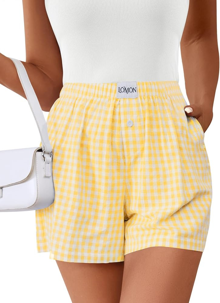Lomon Boxer Shorts for Women Summer Gingham Pajamas 2026 Lounge Sleep Pj Plaid Shorts Y2K Beach B... | Amazon (US)