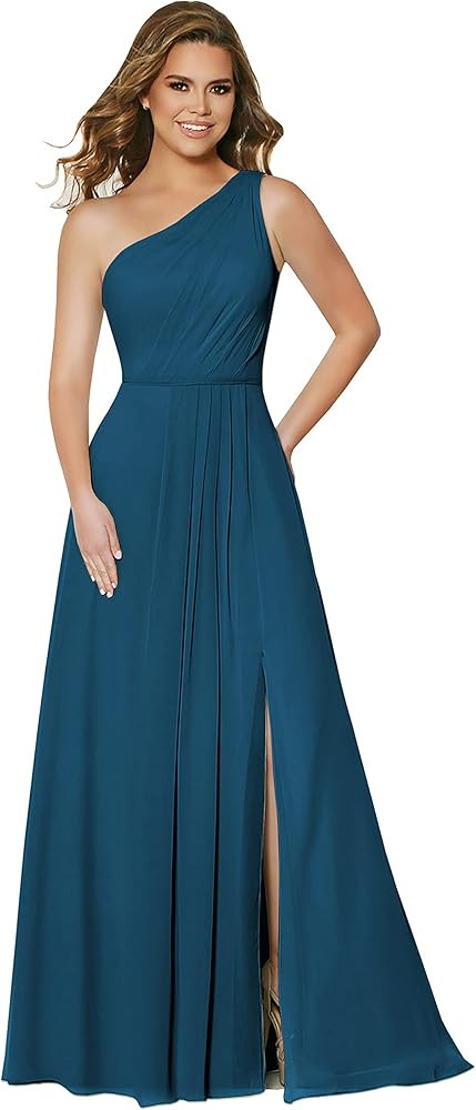 One Shoulder Bridesmaid Dresses for Wedding Long Chiffon Slit Formal Dress with Pockets | Amazon (US)