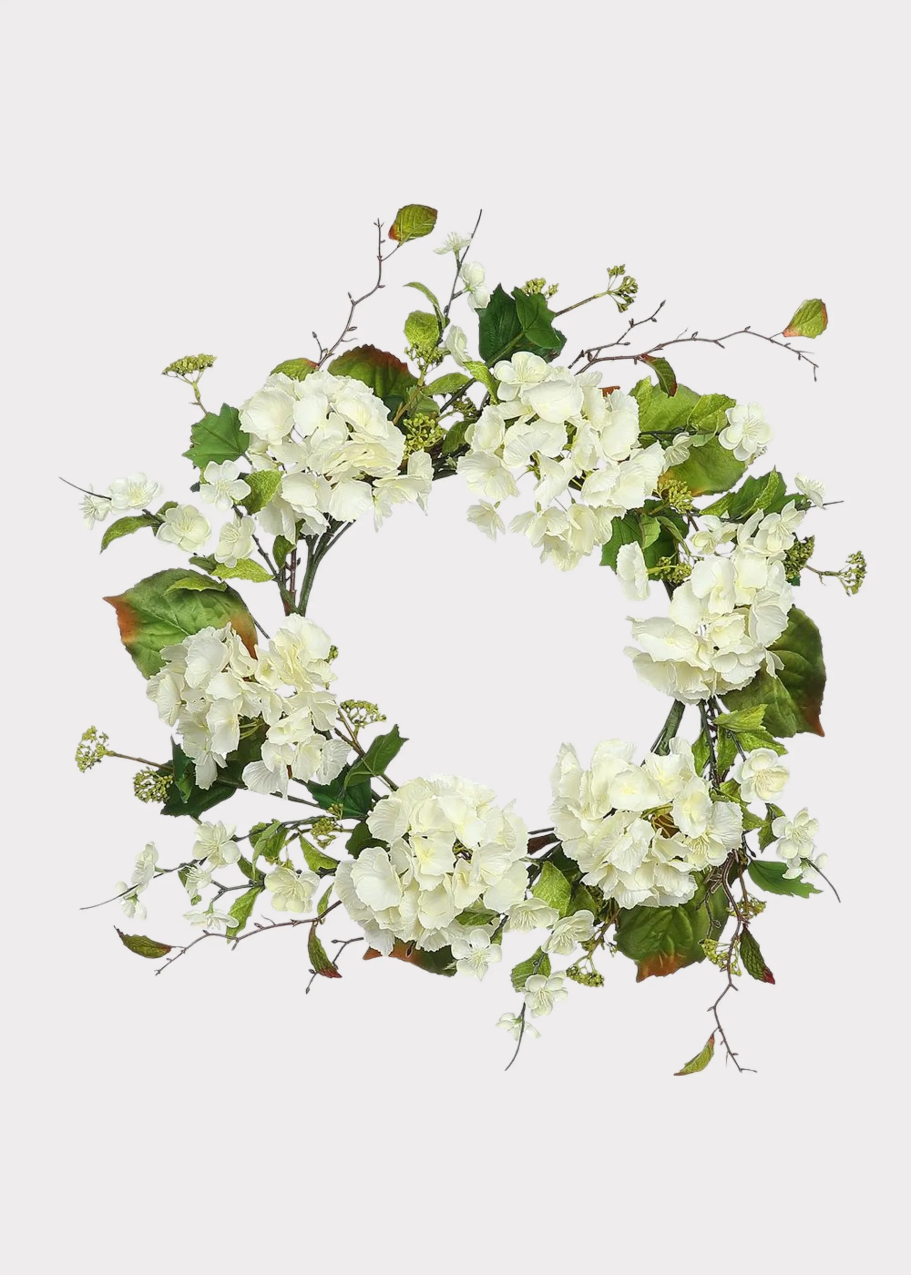 Artificial Hydrangea and Foliage Wreath in Cream Green - 24" | Afloral
