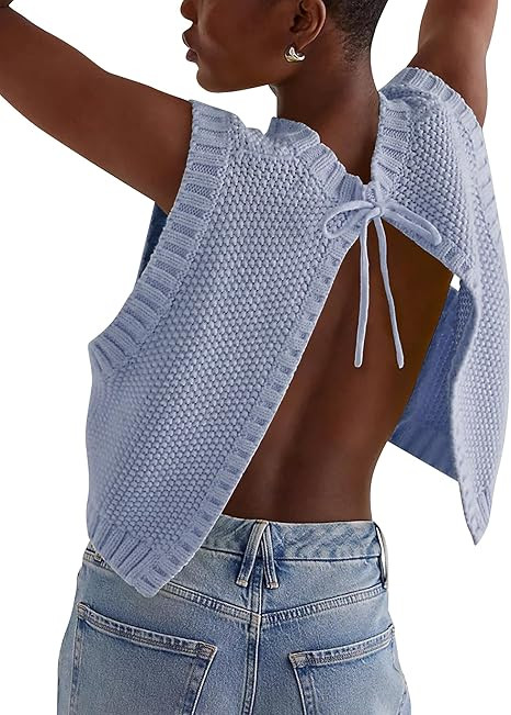 Cioatin Women Y2K Backless Tie Up Knit Crop Sweater Vest Sleeveless Round Neck Split Open Back Pu... | Amazon (US)