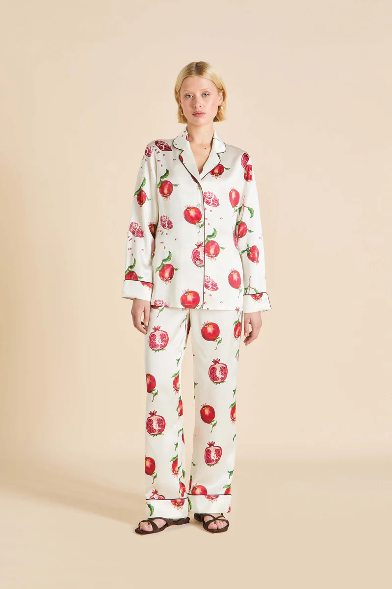 Lila Allegra Ivory Pomegranate Pajamas in Silk Satin | Olivia von Halle