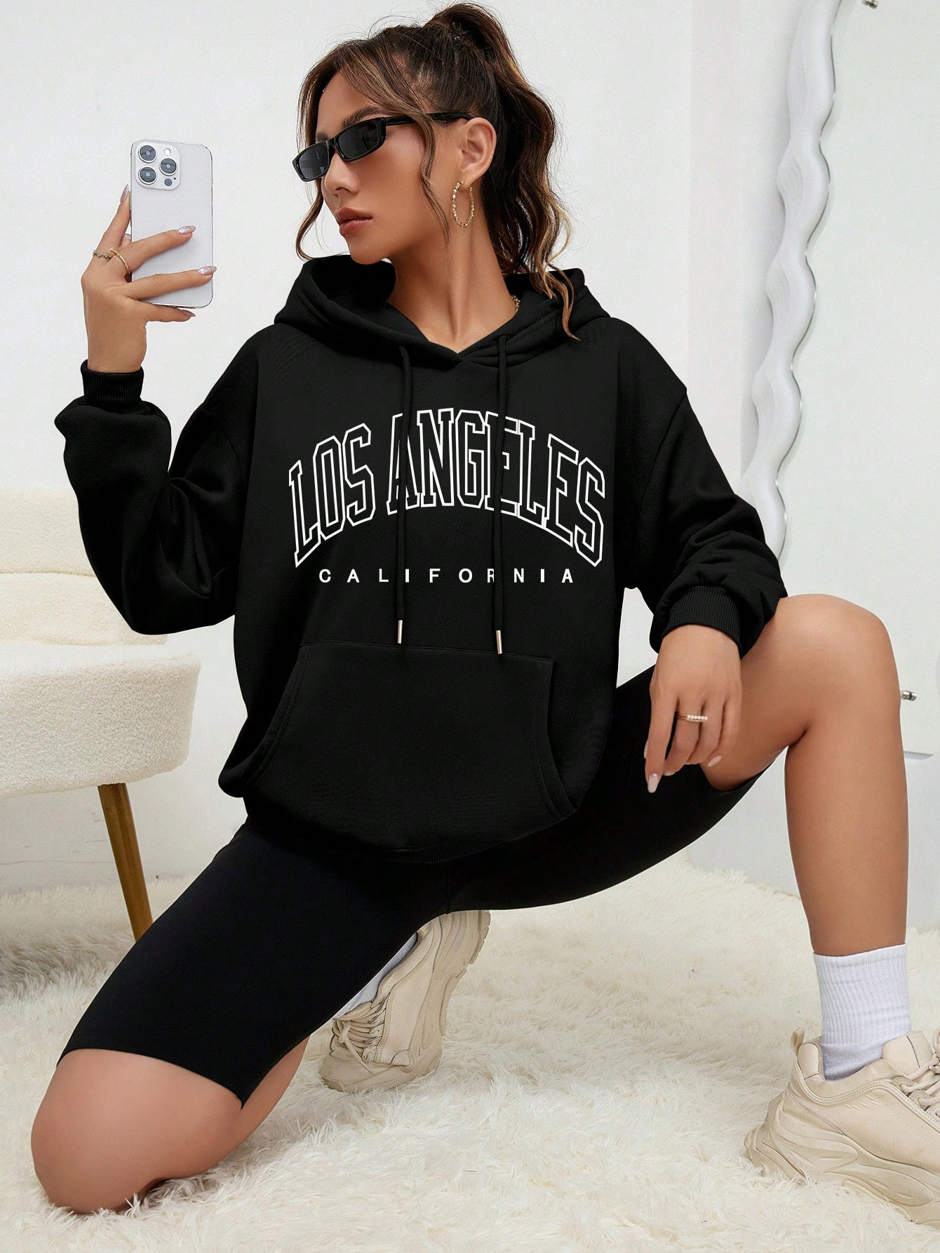 Letter Graphic Kangaroo Pocket Drop Shoulder Drawstring Hoodie | SHEIN