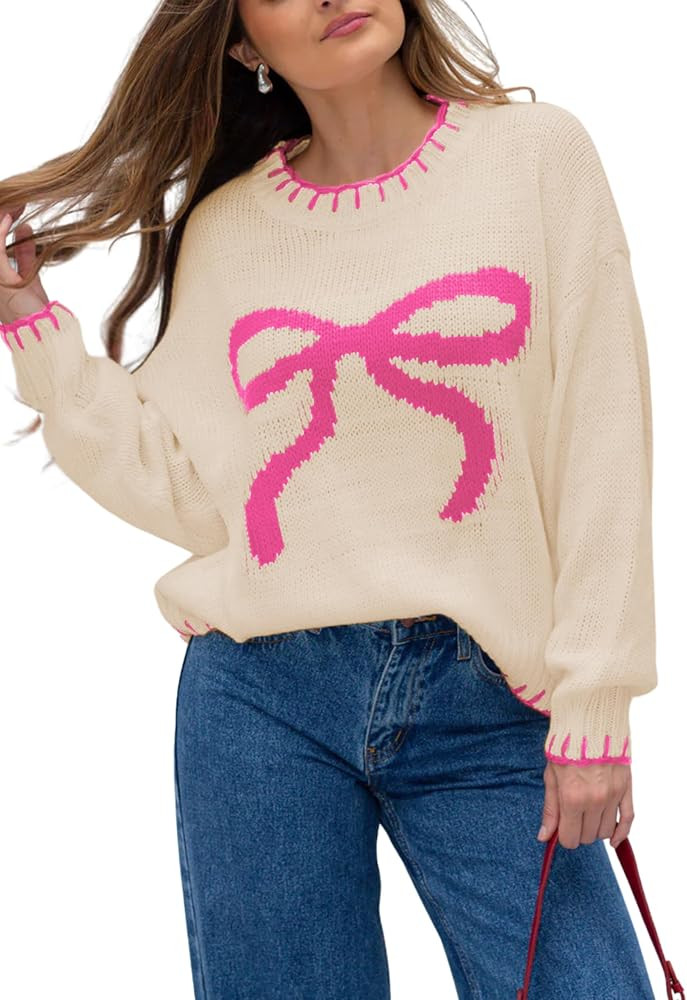 Womens 2025 Fall Sweater Long Sleeve Crewneck Cropped Knit Sweaters Plus Size Cute Bow Pullover T... | Amazon (US)