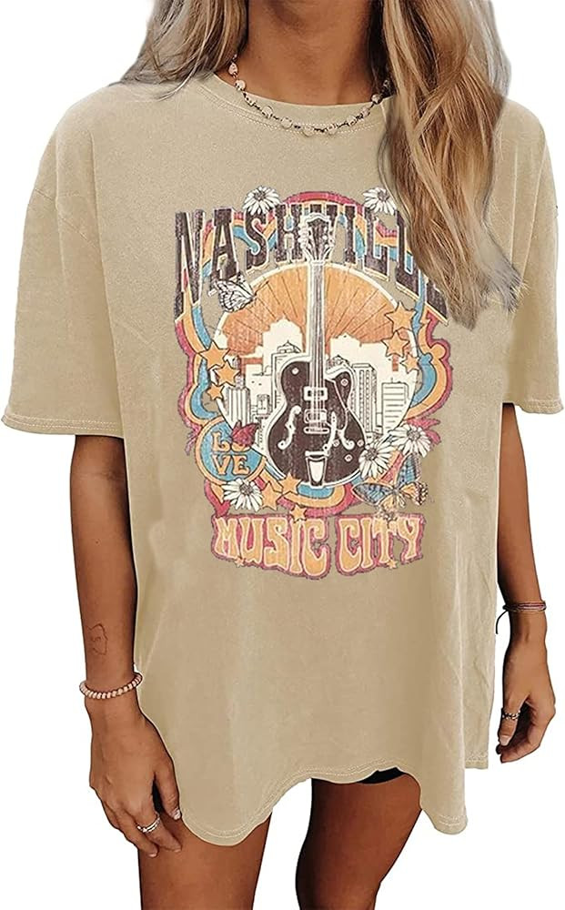 Nashville Music City T-Shirt Women Country Music Oversized Shirts Rock Band Tshirt Vintage Guitar... | Amazon (US)