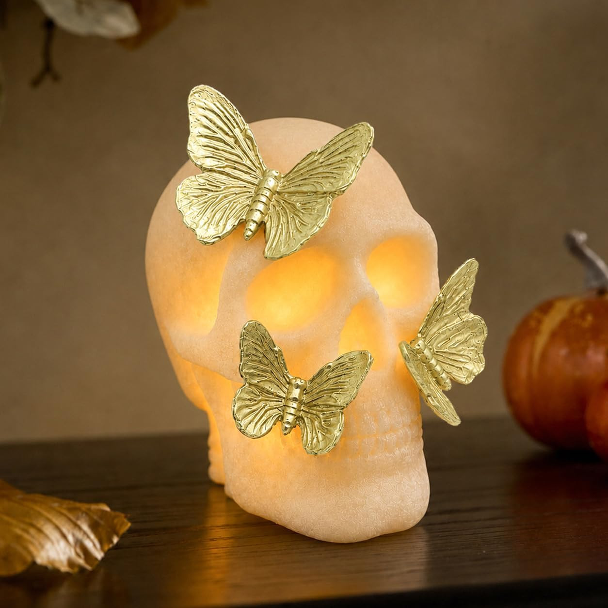 LFLKPY Halloween Skull Decor with Butterfly Accents, LED Skull Statue | Amazon (US)