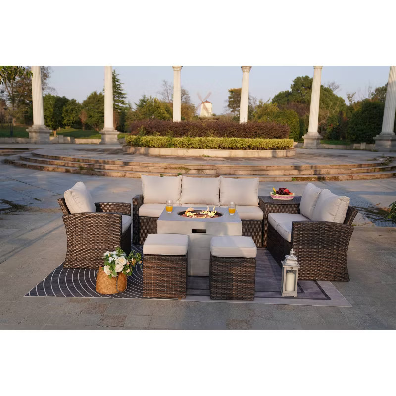 7pc Outdoor Wicker Sectional Sofa & Square Gas Fire Pit Table - Brown - Moda Furnishings inc | Target