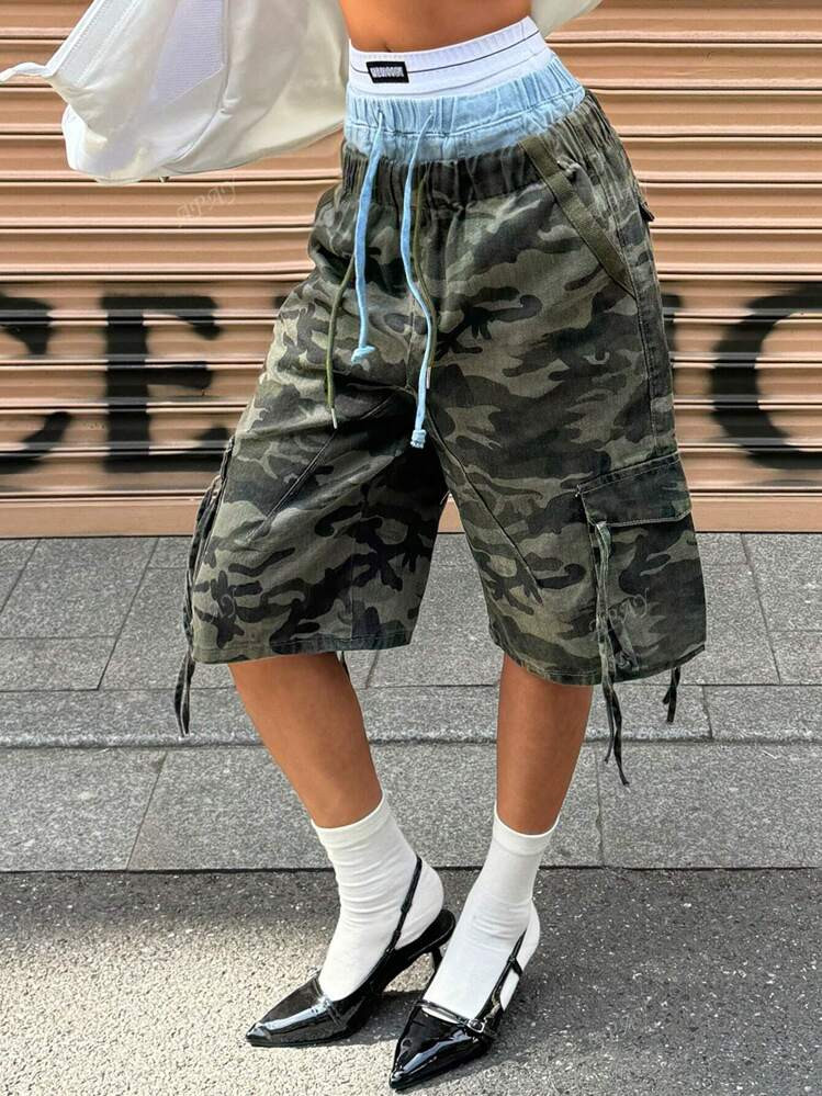 Women's Camo Drawstring Tie Waist Denim Capri Pants | SHEIN