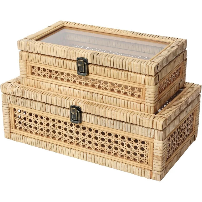 Rattan and Cane Stacking Boxes with Glass Top Lid - Set of 2 for Boho, Rustic Farmhouse Decor | Walmart (US)