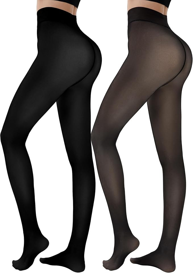 HONGTEYA 2 Pairs Fleece Lined Tights Women - Warm Sheer Pantyhose Fake Translucent Tights Winter ... | Amazon (US)