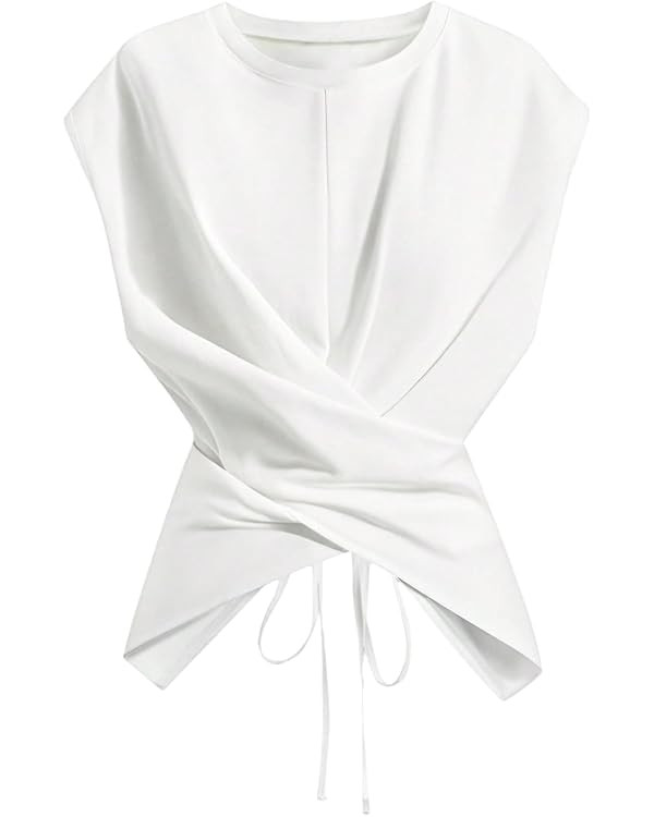 Verdusa Women's Cinched Waist Wrap Top Cap Sleeve Tie Back Going Out Workout Business Casual Tops | Amazon (US)