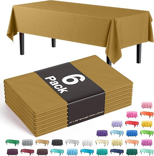 Party Solids 6-Pack Premium Plastic Tablecloth 54in. x 108in. Rectangle Plastic Table Cover - Gol... | Amazon (US)