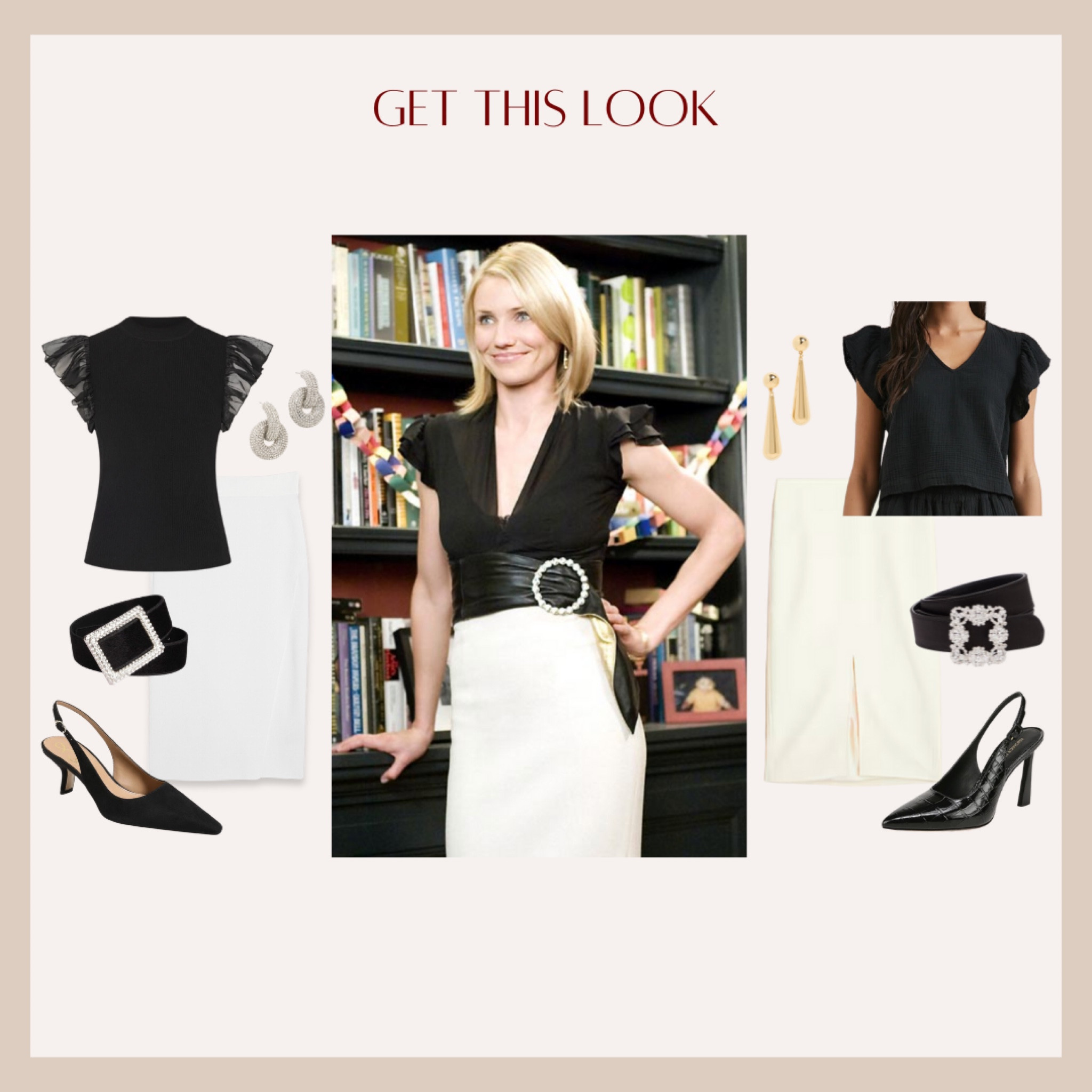 Channeling Cameron Diaz vibes with this chic combo!  Pencil skirt, flutter sleeve top, and a statement wide belt—such a timeless look. Snag the style here! 
#CameronDiazStyle #GetTheLook #ChicAndTimeless #OOTDInspo #WardrobeGoals #EffortlessVibes #StyleCrush #OutfitDetails #FashionInspo #ClosetStaples

#LTKStyleTip #LTKShoeCrush

#LTKOver40