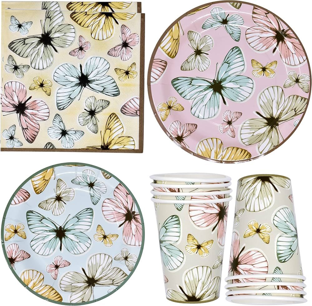 Butterfly Party Supplies Tableware Set 24 9" Paper Plates 24 7" Plate 24 9 Oz Cups 50 Lunch Napki... | Amazon (US)