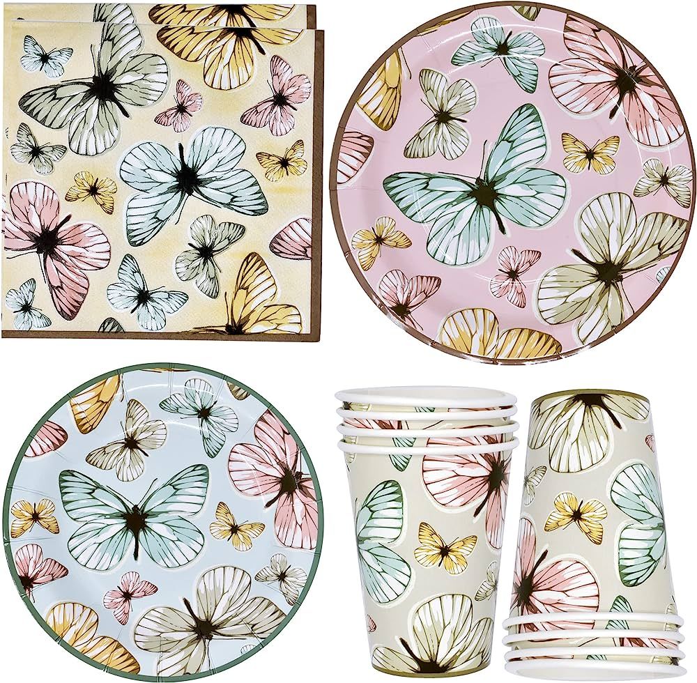 Butterfly Party Supplies Tableware Set 24 9" Paper Plates 24 7" Plate 24 9 Oz Cups 50 Lunch Napki... | Amazon (US)