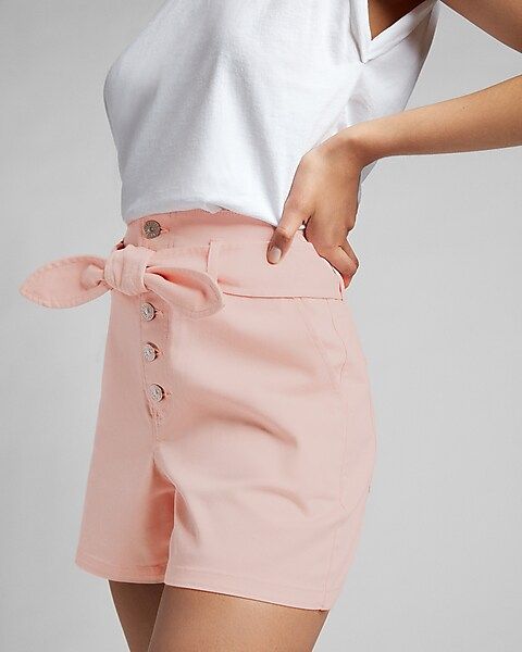 Super High Waisted Belted Button Fly Twill Shorts | Express