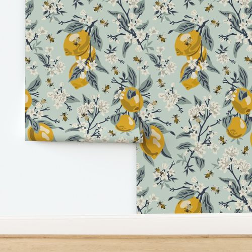 Bees And Lemons - Jumbo - Mint | Spoonflower