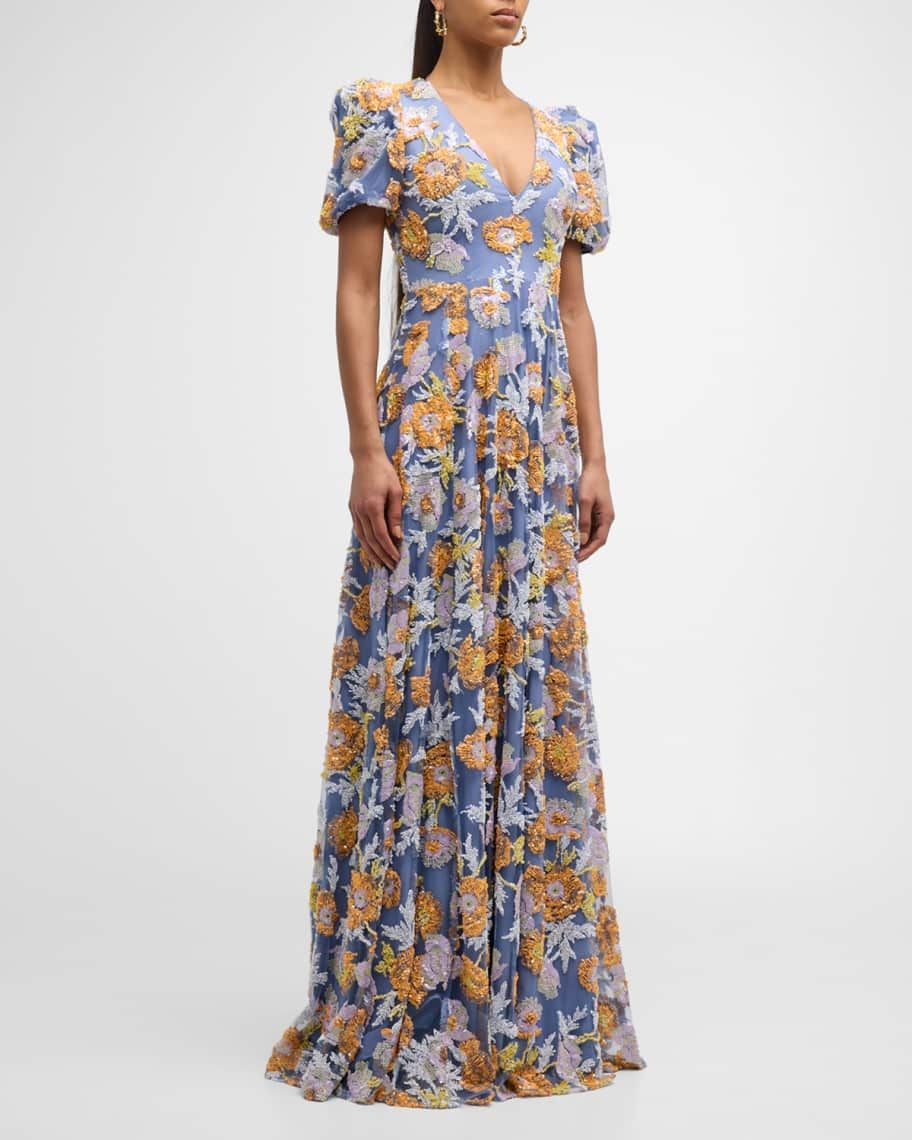 Puff-Sleeve Floral Sequin Gown | Neiman Marcus