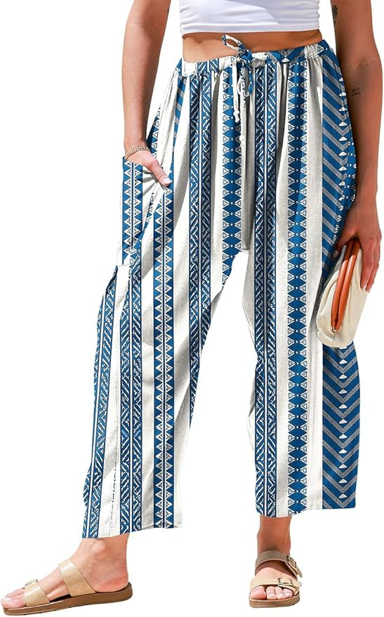 TARSE Womens Linen Wide Leg Pants Casual Loose Drawstring Summer 2025 Beach Travel Vacation Palaz... | Amazon (US)