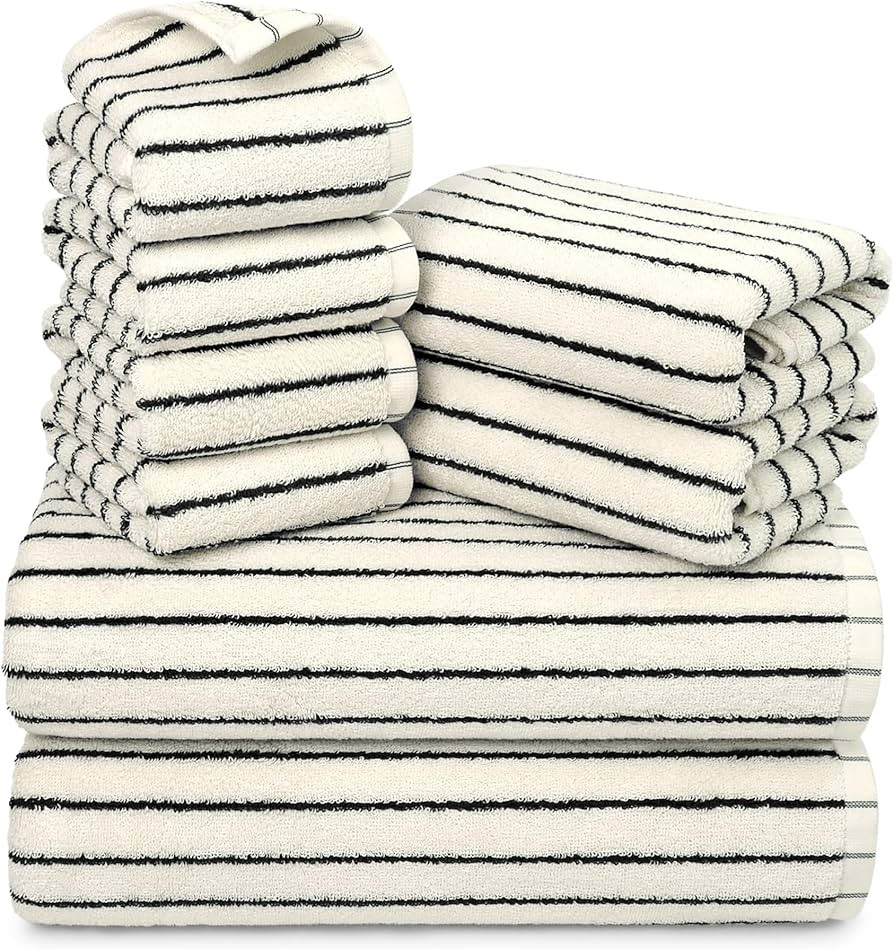 Jacquotha 8 Piece Black and White Towel Set, Super Soft & Absorbent Cotton Striped Towels for Bat... | Amazon (US)