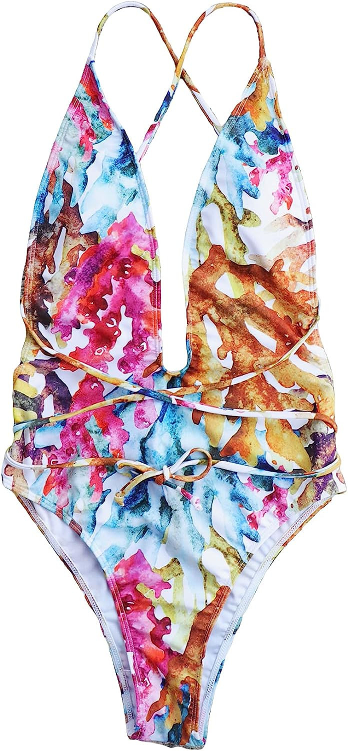 GORGLITTER Women's Allover Print Lace Up Tie Front One Piece Swimsuit Backless High Cut Bathing S... | Amazon (US)