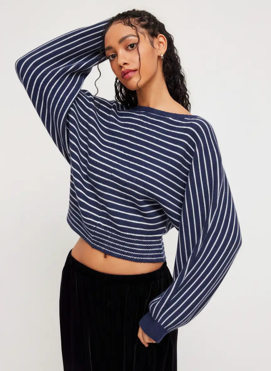 Knit Fabric Knit Wool-blend Boat Neck Striped Oversized Sweater  For Daily Casual | Cider