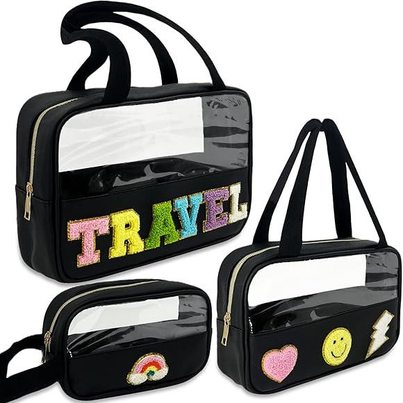 Cooble Chenille Patch Toiletry Bag for Women Men, Clear Waterproof Travel Makeup Cosmetic Bag, Le... | Amazon (US)