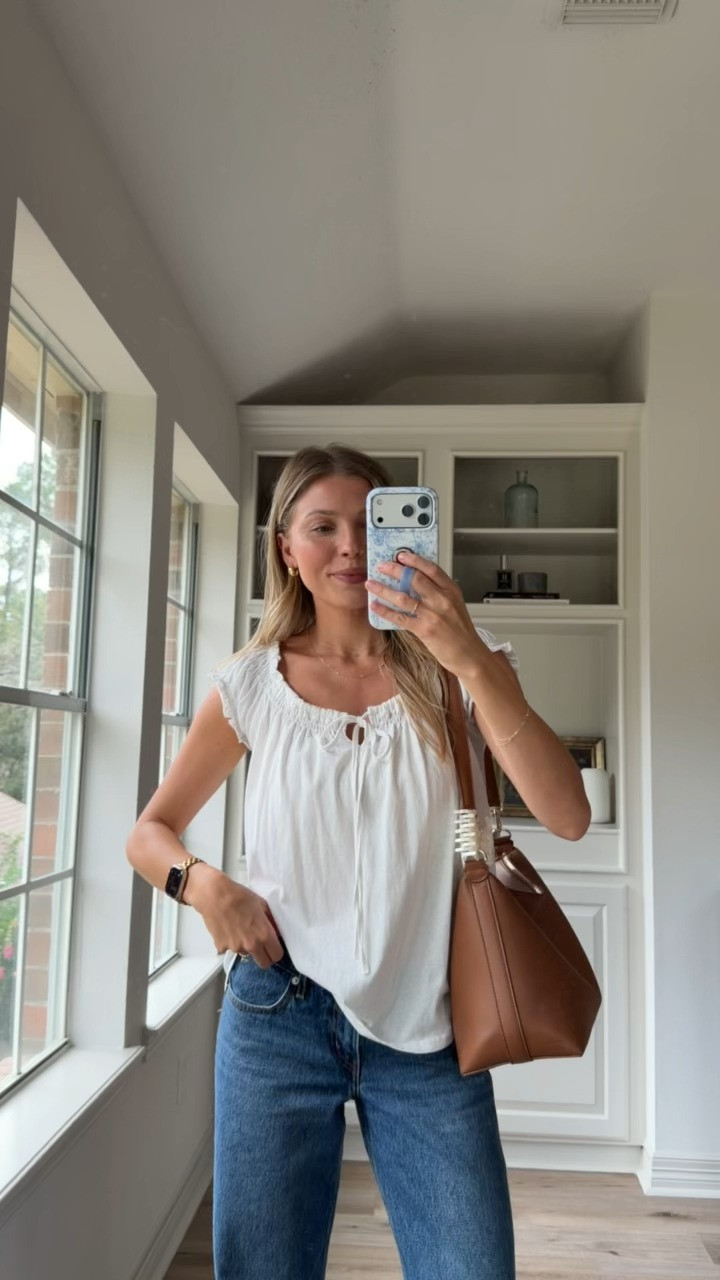Cutest flowy white top, perfect for nursing while on the go! Wearing small in top, 26 denim.  

 #LTKootd #LTKmomlife