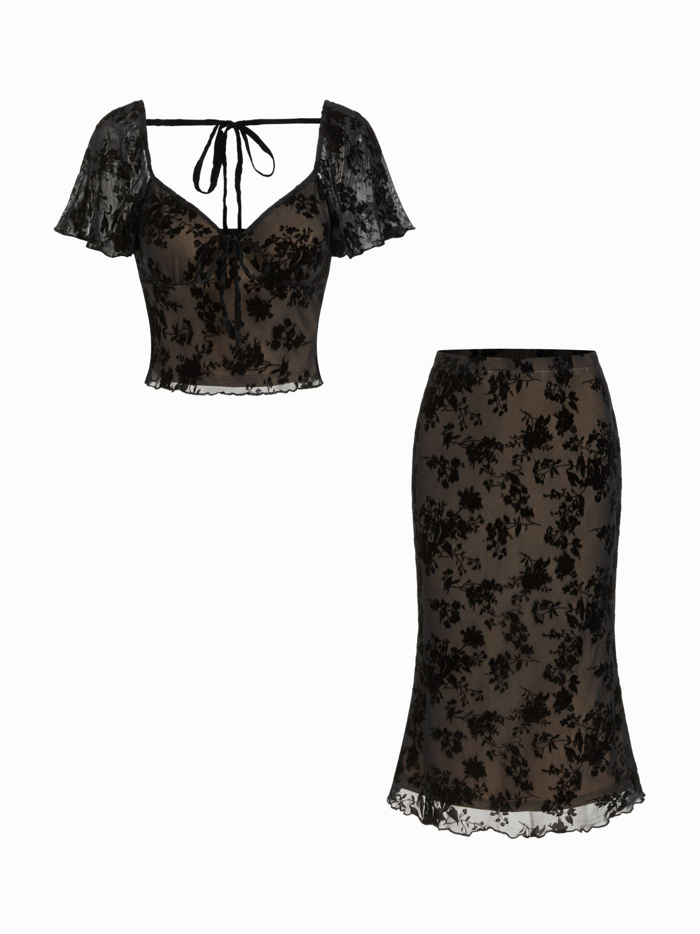 Mesh Sweetheart Floral Lace Ruffled Top & Lettuce Trim Mermaid Maxi Skirt Set | Cider