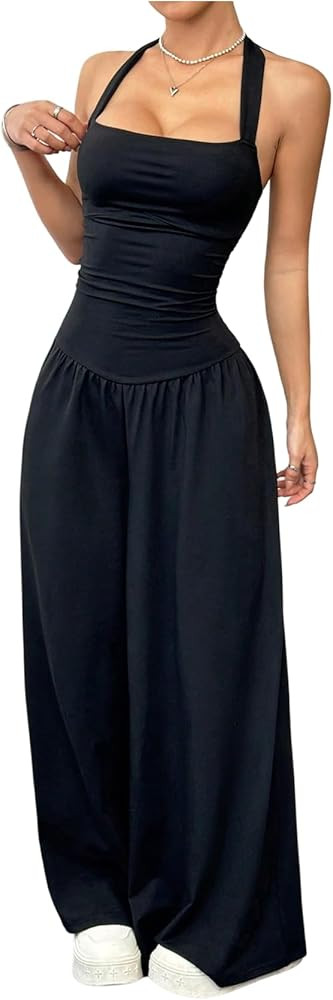 Verdusa Women's Tie Back Wide Leg Jumpsuits Ruched Sleeveless Halter One Piece Outfits | Amazon (US)