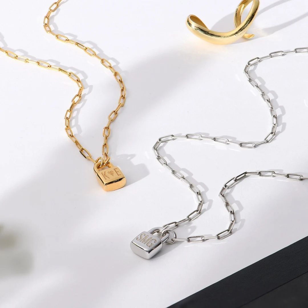 Initial Lock Gold Charm Engraved Pendant Necklace • Oak & Luna • Link Chain Monogram Custom L... | Etsy (US)