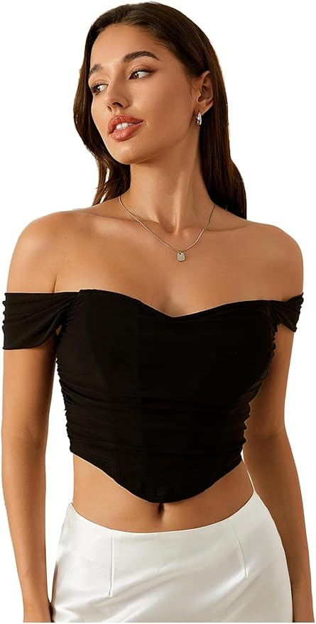 Floerns Women's Off Shoulder Short Sleeve Asymmetrical Hem Ruched Corset Crop Top | Amazon (US)
