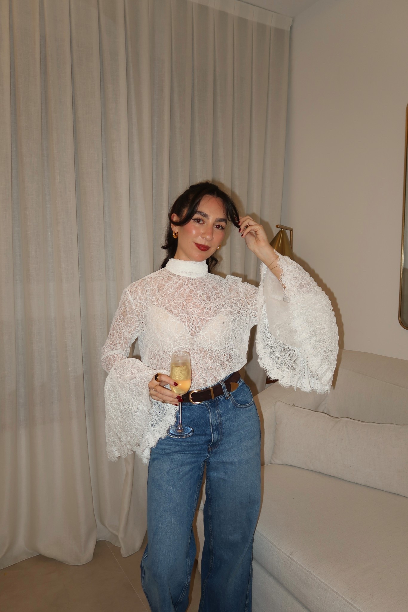 Lace top, flared sleeves, going out look, sezane jeans, leather belt, suede belt, h&m, karen millen

#LTKpartywear #LTKdatenight #LTKfestive