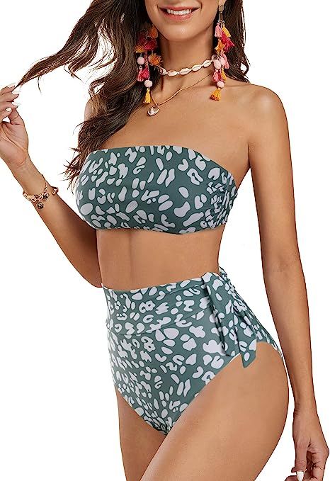 Ferbia Women Strapless Bikini Set High Waisted Bandeau Swimsuits Tie Wrap 2 Piece Bathing Suit Sw... | Amazon (US)