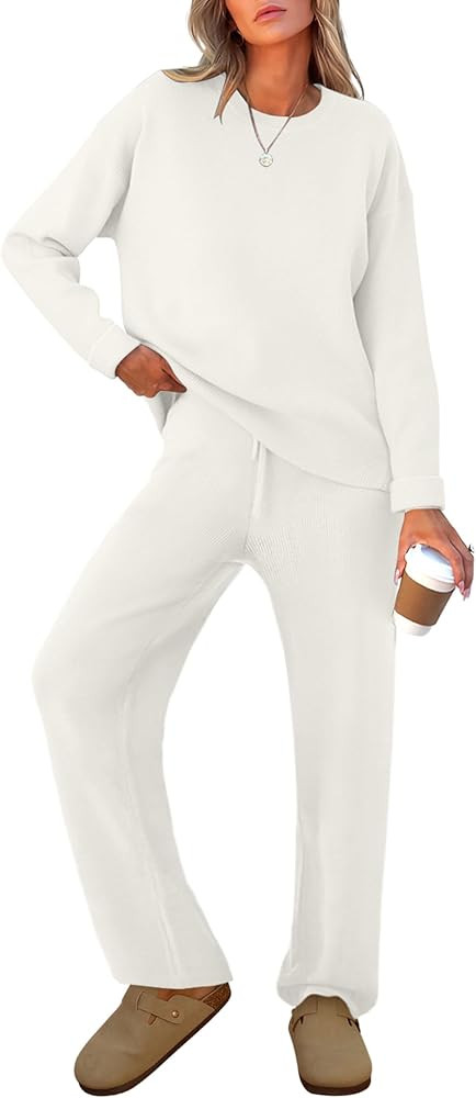 Caracilia Women's 2 Piece Outfits Sweater Sets Striped Oversized Sweaters Knit Wide Leg Pant Loun... | Amazon (US)