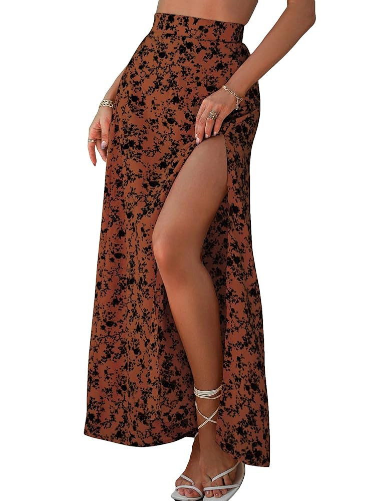 Verdusa Women's Sexy Boho Floral Split Thigh High Waist Swing Midi Skirt | Amazon (US)