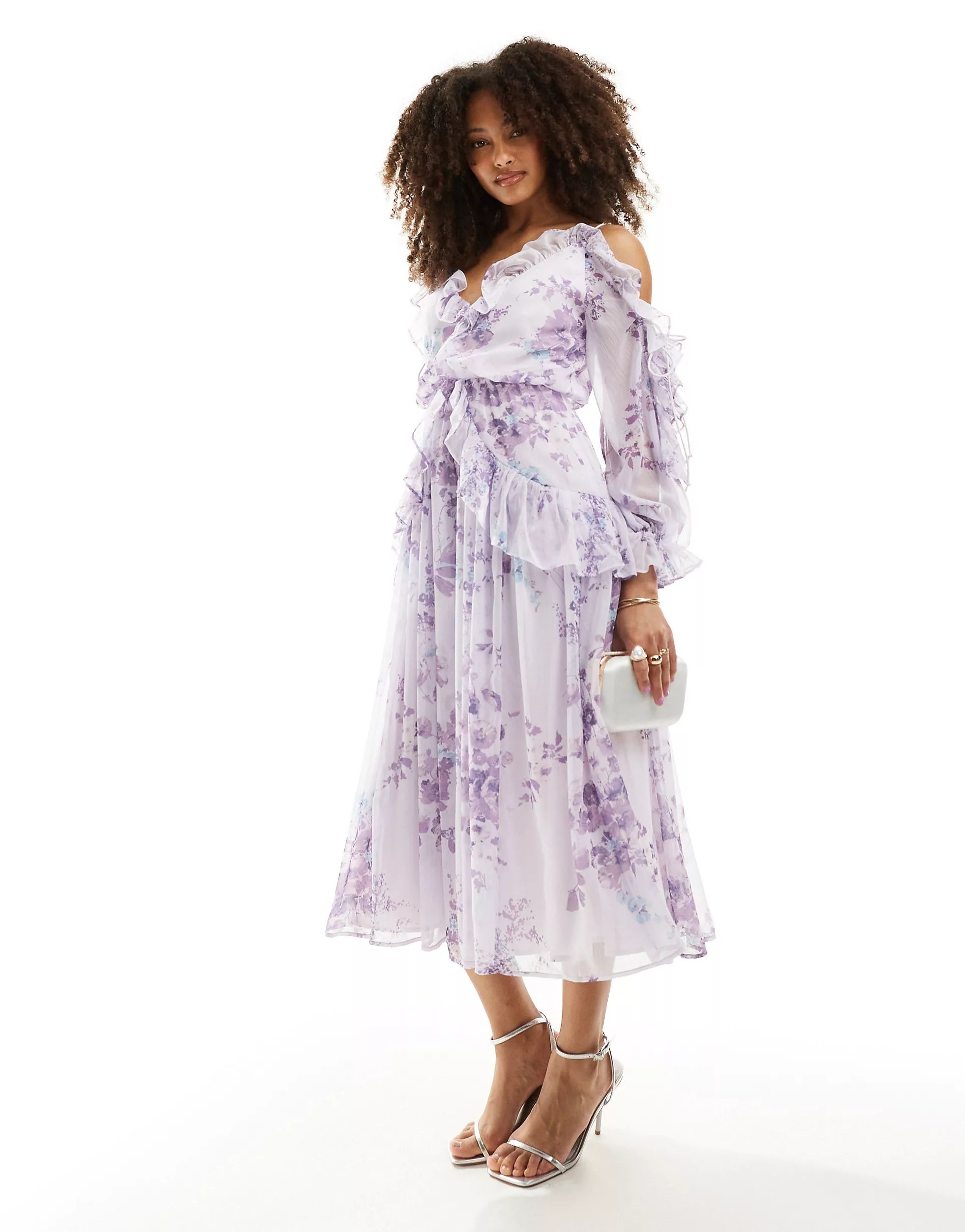 ASOS DESIGN ruffle off shoulder midi dress in lilac floral print | ASOS (Global)