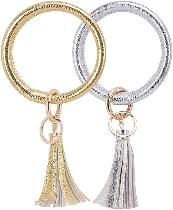 2PC Coolcos Wristlet Keychain Bracelet Bangle Keyring - Large Circle Key Ring Leather Tassel Brac... | Amazon (US)
