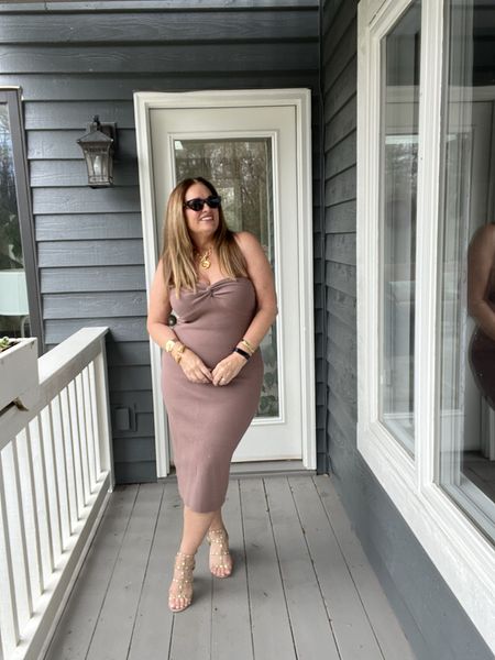 A strapless mocha knit dress with a bandeau top. Its giving resort, summer date night look. Very comfortable and great stretch too.

#LTKtravel #LTKwedding #LTKSeasonal