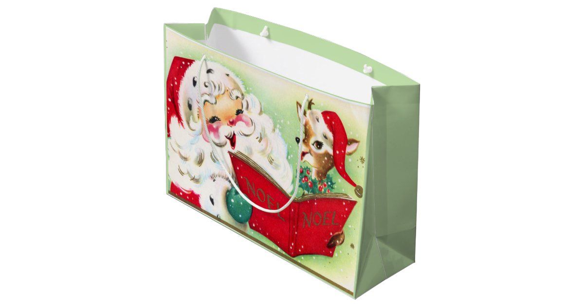 retro vintage Christmas Santa Reindeer Large Gift Bag | Zazzle