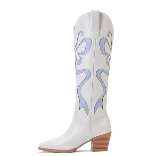 WINDBXYB Women's Cowboy Boots With Colorful Bows Embroidered White Knee-High Boots Fashion Almond Toe Chunky Heel Design | Amazon (US)