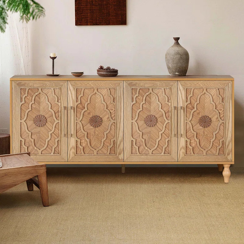 Carved Flower Door Storage Cabinet With Metal Handle Suitable For Living Room, Kitchen | Wayfair North America