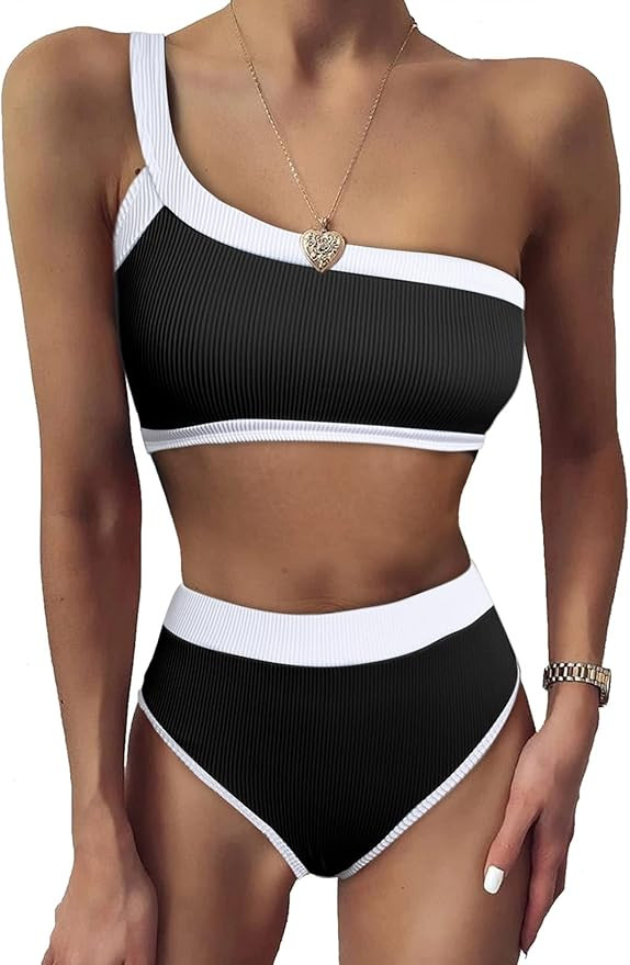 Aleumdr Womens Cute High Waisted Two Pieces Color Block Print One Shoulder Bikini Bathing Suit | Amazon (US)