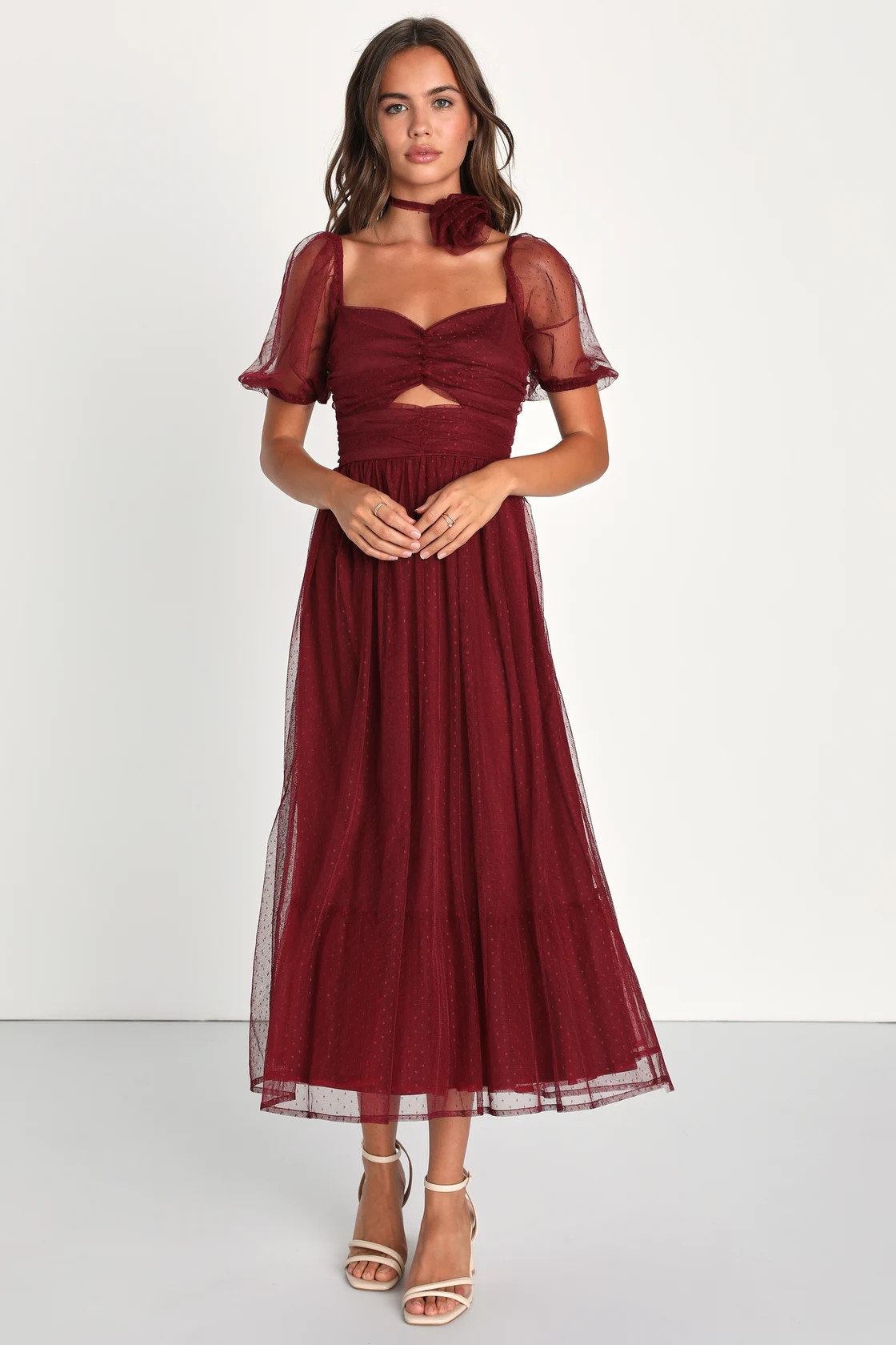 Lovely Instinct Burgundy Swiss Dot Midi Dress With Choker | Lulus (US)