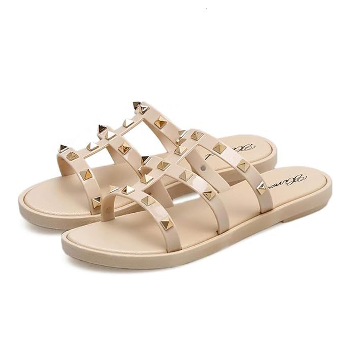 Aphoraeny Rivets Studs Flat Sandals Jelly Sandal Rubber Flat Open Toe Flip Flops Women's Summer D... | Amazon (US)