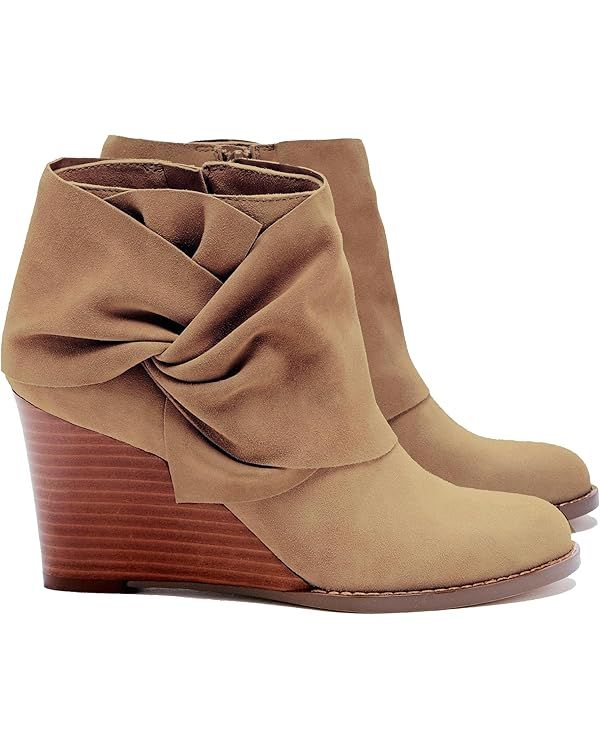 Fashare Womens Wedge Booties Ankle Heels Boots Bow Knot Stacked Heeled Winter Dress Shoes | Amazon (US)